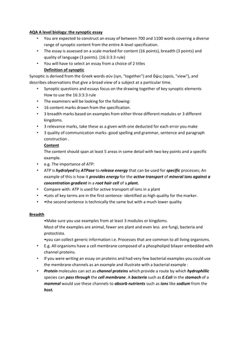 the synoptic essay, AQA A level biology handout