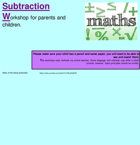 KS1 Subtraction: Workshop for parents, Worded problems and Calculation generation poster.