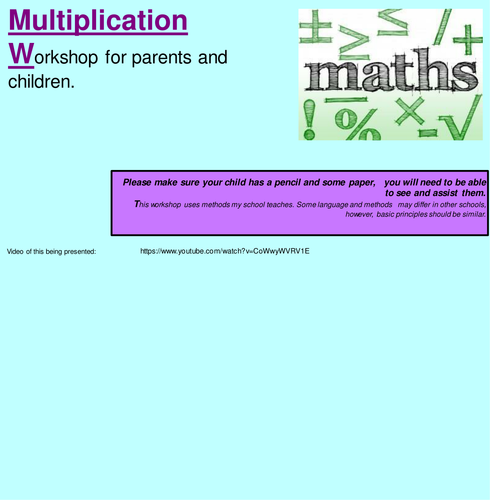 KS1 Multiplication: Workshop for parents, Worded problems and Calculation generation poster.