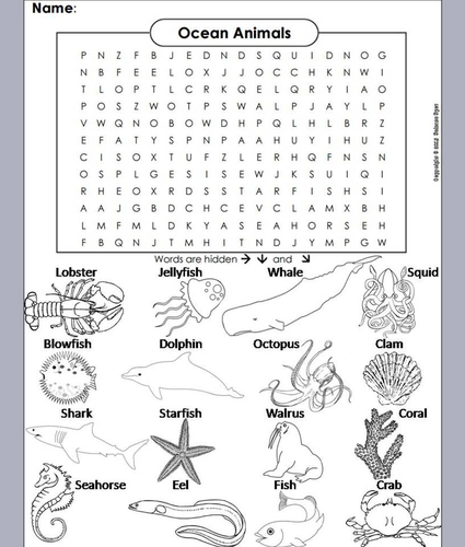 Ocean Animals Word Search/ Coloring Book