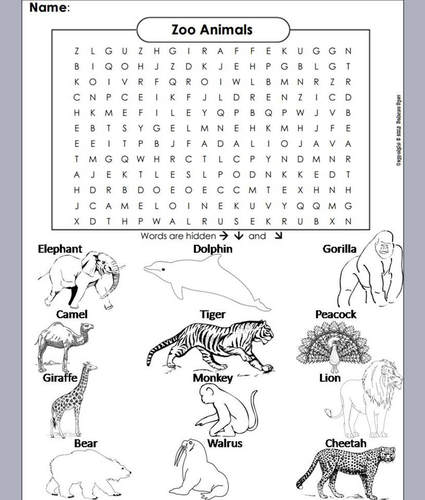 Zoo Animals Word Search/ Coloring Book