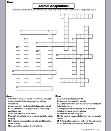 Animal Adaptations Crossword Puzzle | Teaching Resources