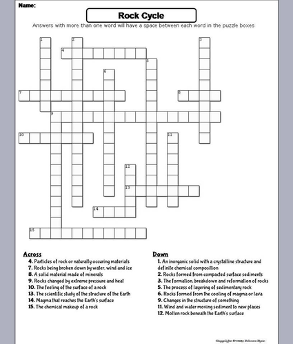 Rock Cycle Crossword Puzzle Teaching Resources