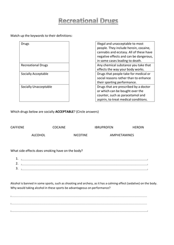 Recreational drugs worksheet