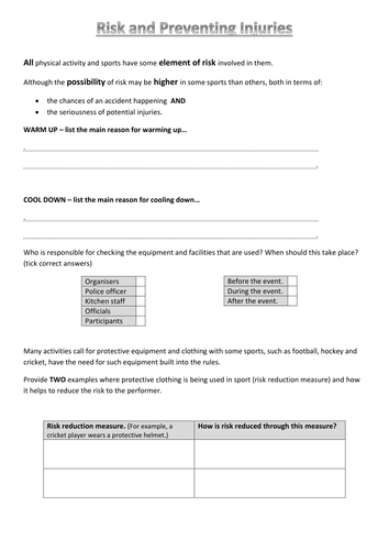 Risk in sport worksheet