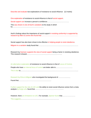 12 mark essay writing frame AO1/A03 for resistance to social influence   new spec AQA