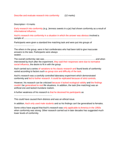 Describe and evaluate research into conformity  12 mark essay  new spec AQA