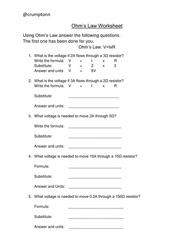 Ohms Law Calculations Worksheet Teaching Resources 9930