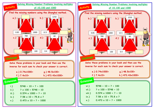 Missing numbers - the equals sign - multiplying and dividing by 10, 100 and 1000 - KS2 Year 5 /6
