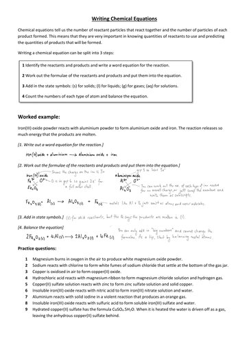 Worked Example and Practice Questions on Writing Balanced Symbol Equations