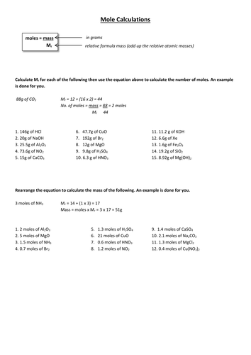 Mole Calculation Worksheet Answers With Work - Mole Calculation Molar