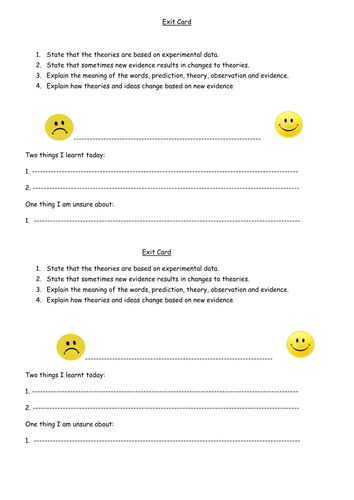 Student exit cards / self reflection sheet