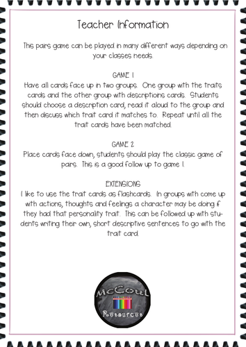 Character Traits Pairs Game