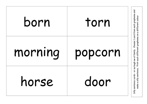 /or/ /au/ augh/ /aw/ family silly sentence cards