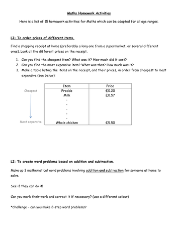 Maths Homework Activities KS1-KS2