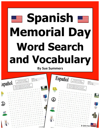 Spanish Memorial Day Word Search Puzzle Worksheet & Vocabulary USA