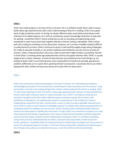 Example report card comments for Grade/Year 1/2