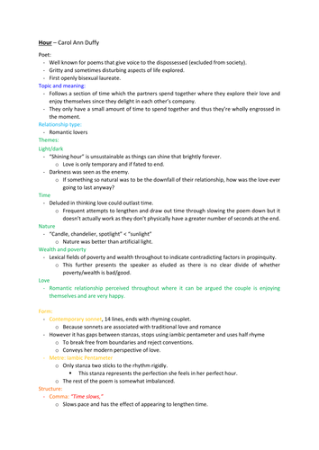 Hour by Carol Ann Duffy - summary and analysis | Teaching Resources