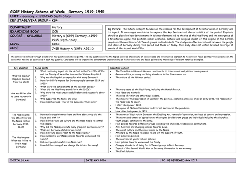 Scheme of Work Depth Study Germany 1918-1945