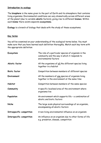 Population Community Ecosystem Worksheet - Worksheet List