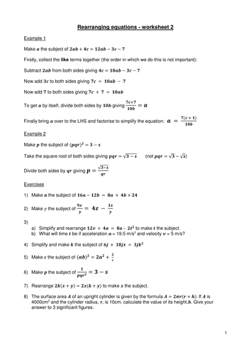 Rearranging equations - worksheet 2