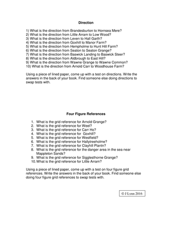 Mapskills Activity - direction, 4- & 6- figure, straight line & non-straight line distance & height.