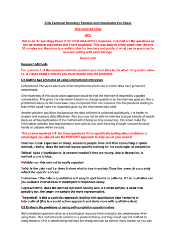 AQA Families and Households- Exemplar whole paper response with guidance 