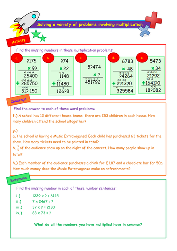 Multiplying in a variety of contexts including missing numbers - differentiated x3 worksheets - KS2 