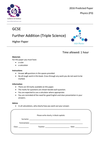 GCSE Predicted Paper Physics (Further Additional - Triple Science) 2016 (unit 3)