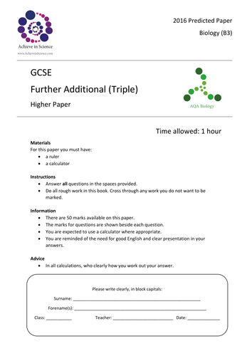 GCSE Predicted Papers - Higher - Further Additional - Unit 3 - Triple Science - 2016 - BCP