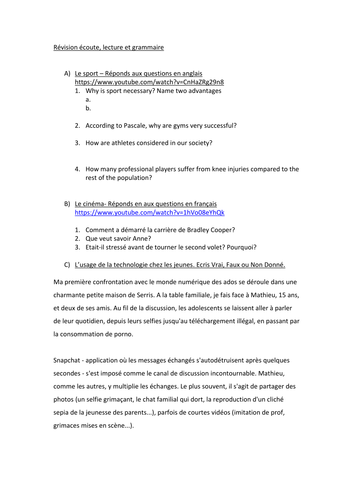 Y12 AQA Listening, reading, grammar worksheet 