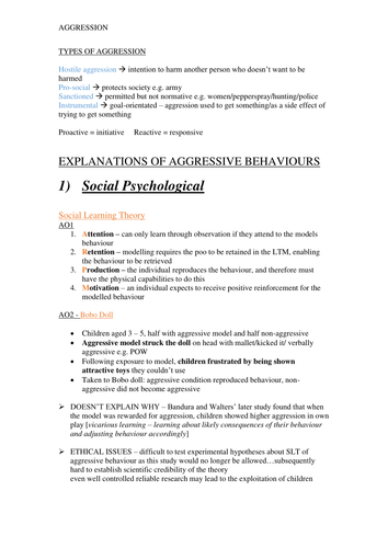 Aggression Extended Question Differentiated Scaffolding sheet- A level ...