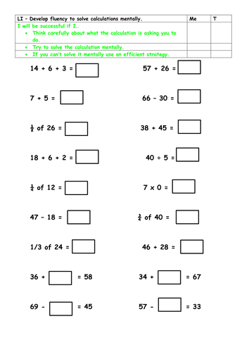 Year 2 assessment tool for mental arithmetic