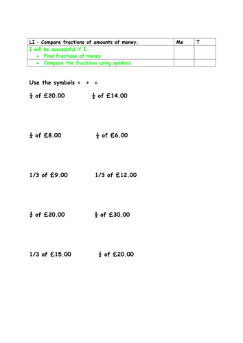 Year 2 gretaer depth - comparing fractions 