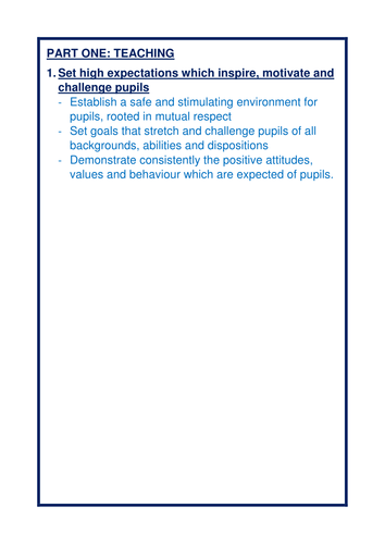 Teachers Standards on A4 for evidence file dividers