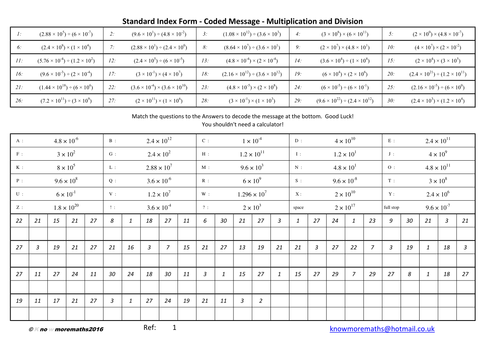 Standard index form coded message teaching resources