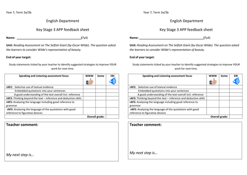 Selfish Giant Reading Assessment for Year 7