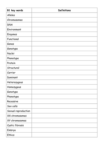 OCR 21st century science biology B123 key word sheets