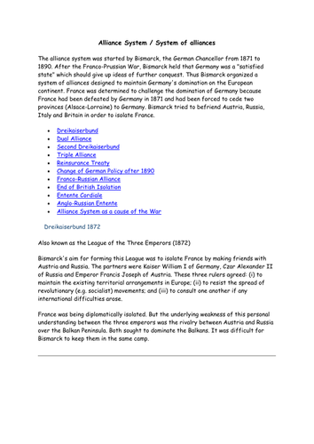 Detailed revision notes for A Level / IB students. The role of the Alliance System in causing WWI