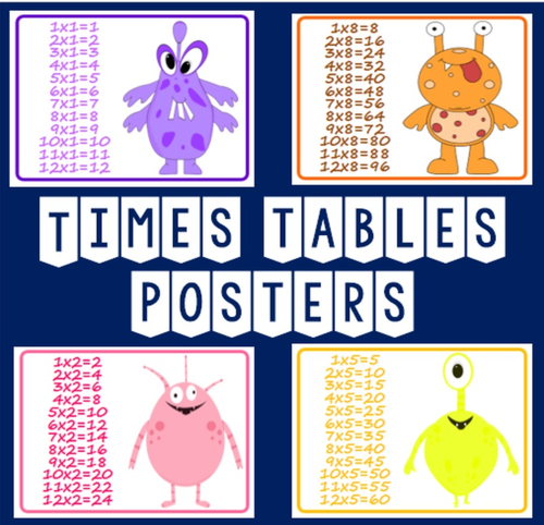 TIMES TABLES A4 POSTERS - KEY STAGE 1 KEY STAGE 2  ALIENS DISPLAY MULTIPLICATION MATHS NUMERACY