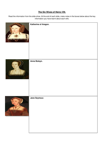 KS2 Henry VIII's six wives note taking information and note taking sheet