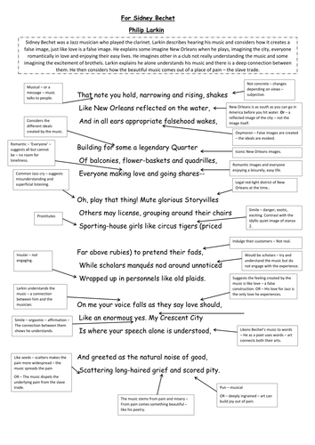 For Sidney Bechet - A3 Annotated Sheet - WJEC AS English Literature