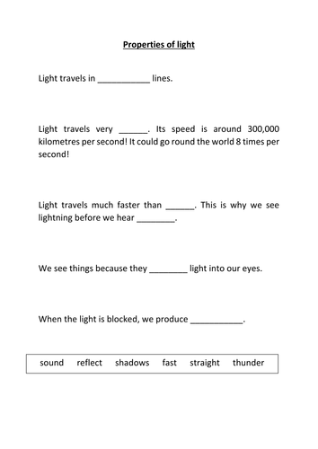 Properties of Light Worksheets for Grade 1 Students