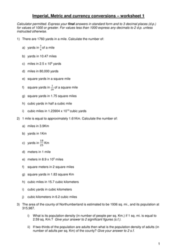 Imperial, Metric and currency conversions - worksheet 1 (version 2)