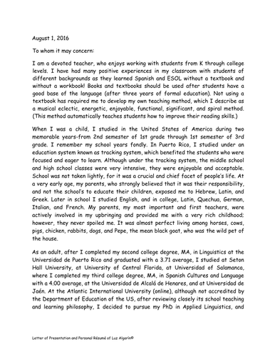 Letter of Presentation for Employment (English)