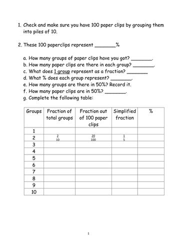 Percentages - using paperclips activity