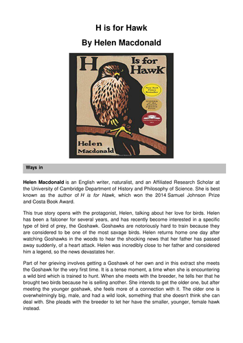 H is for Hawk by Helen Macdonald - Notes, Questions and Tasks