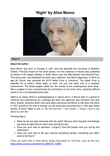 Night Alice Munro Notes Questions And Tasks Teaching Resources