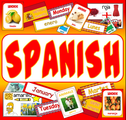 SPANISH LANGUAGE RESOURCES display posters flashcards colours food numbers day months animals