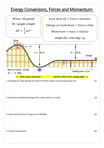 Rollercoaster Kinetic and Potential Energy, Momentum and Velocity